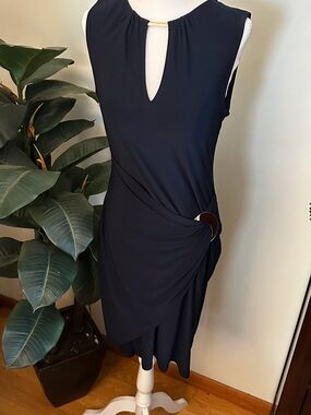 Joseph Ribkoff Navy Sleeveless Midi Dress with Side Ring Detail